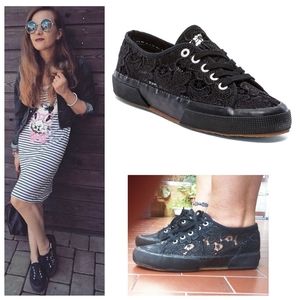 Superga all black macrame lace platform sneakers